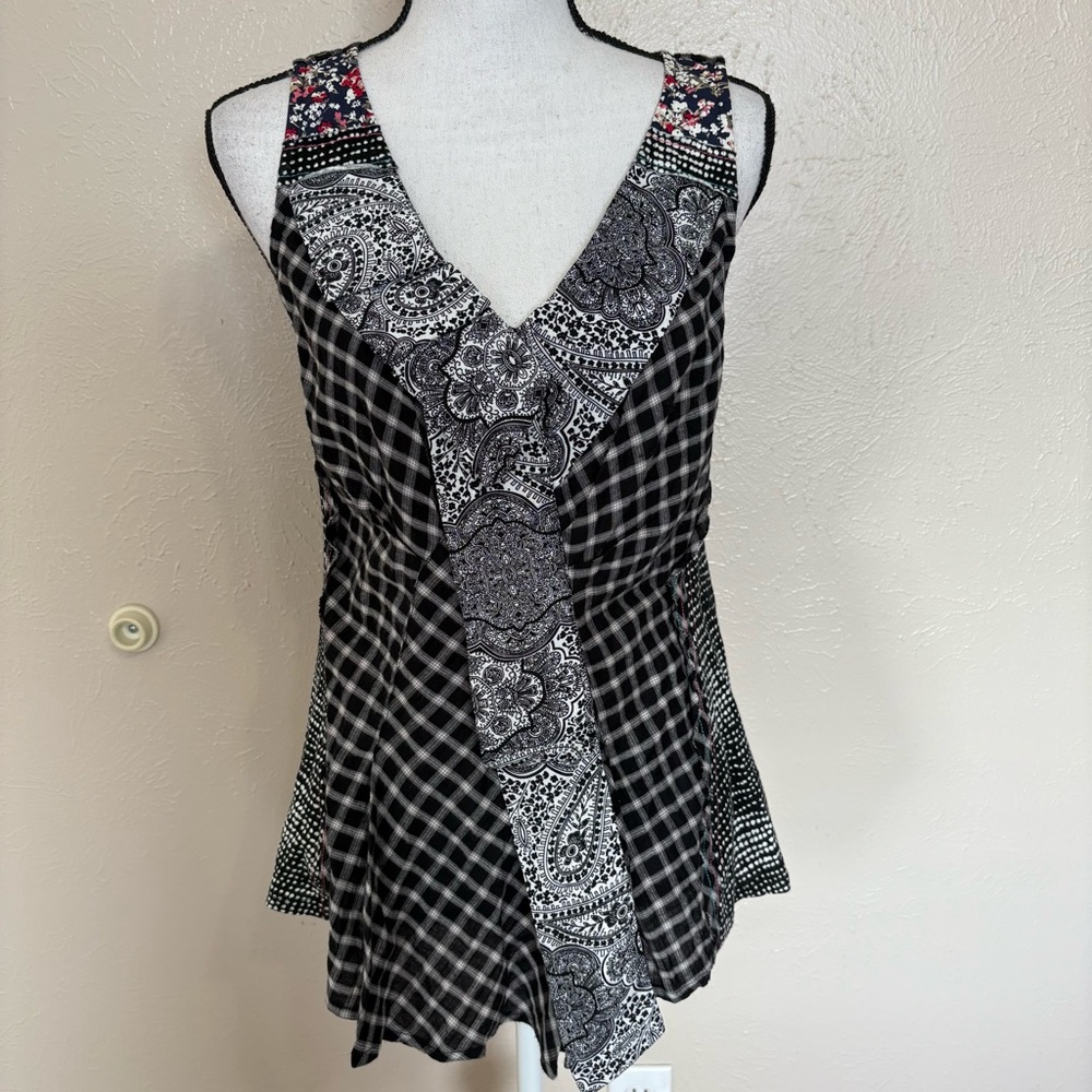 One September Anthro Black White Patchwork Paisley Plaid Ruffle Sleeveless Top